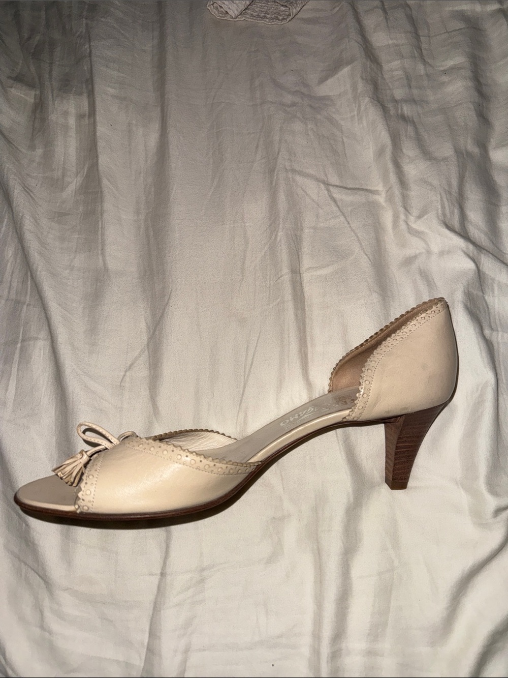 Salvatore Ferragamo Beige Open-Toe Tassel Heels